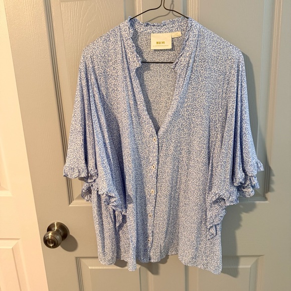 Maeve Tops - Maeve from Anthropologie Light Blue Micro-Print Ruffle Sleeve Blouse